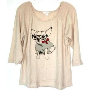 Promod 3/4 Sleeve Shirt Dog Printed Top Size Large
